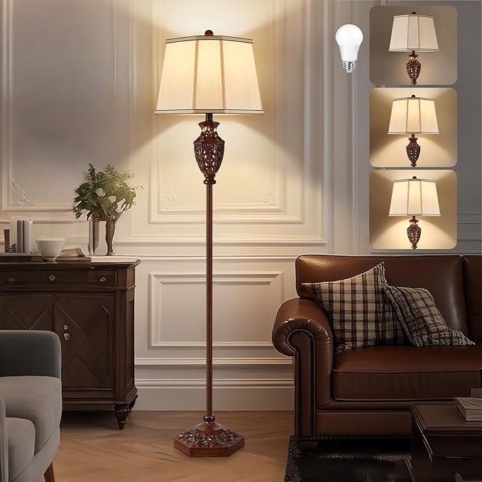 Luvkczc Vintage Floor Lamp - Brown Resin 6-Sided Carved Hollow Light Design, Mid-Century Modern Standing Lamp for Living Room, Bedroom, Study(Bulb Included)