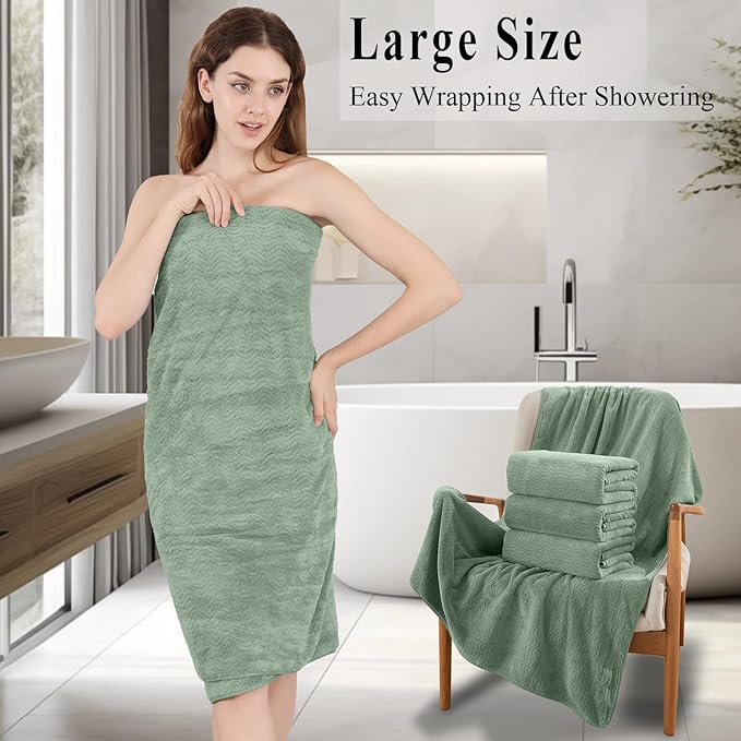Green Bath Towels Set of 8, Quick Dry Bathroom Towel Textured,2 Oversized Bath Sheets/2 Hand Towels/4 Washcloths,Microfiber Shower Towels Large Ultra Soft Hotel Absorbent Towels For Bathroom Spa Gym