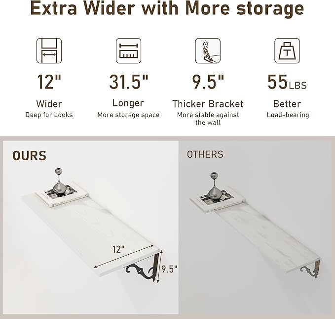 Deep Floating Shelves, 31" W x 12" D Wall Shelves Set of 2, Wide Display Shelf Wall Mounted with Brackets, Bookshelf for Living Room, Bathroom, Bedroom, White