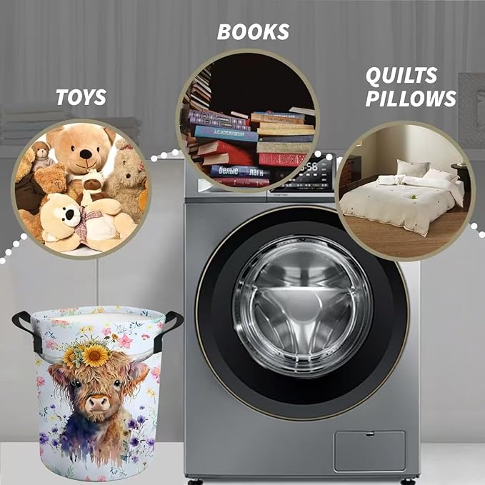Highland Cow Laundry Basket Nursery Baby Hamper Western Room Decor Funny Tote Bag for Teen Boy Girl Gift 17.7"x13.7"