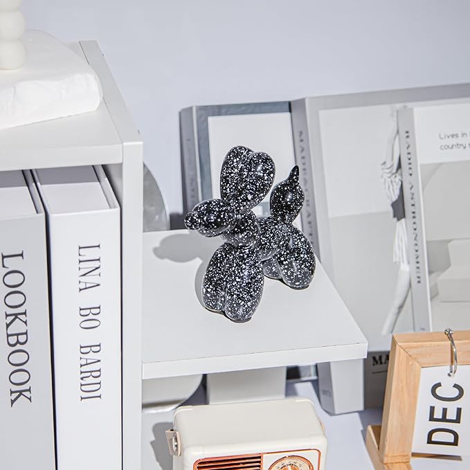 Creative Balloon Dog Statues Small Ceramic Animal Sculpture Modern Home Decor Living Room Desktop Decorations Bedroom Office Cabinet Ornament (Black-A)