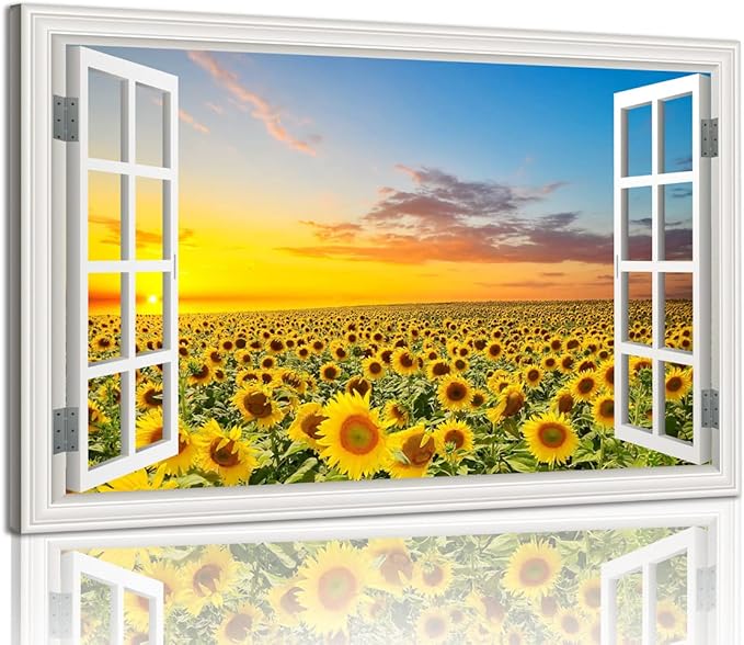 Sunflower Wall Art Decor for Living Room Window Style Sunset Canvas Picture for Bedroom Realism Yellow Flowers Filed Artwork for Bathroom Nature Landscape Prints Paintings for Kitchen Home Office