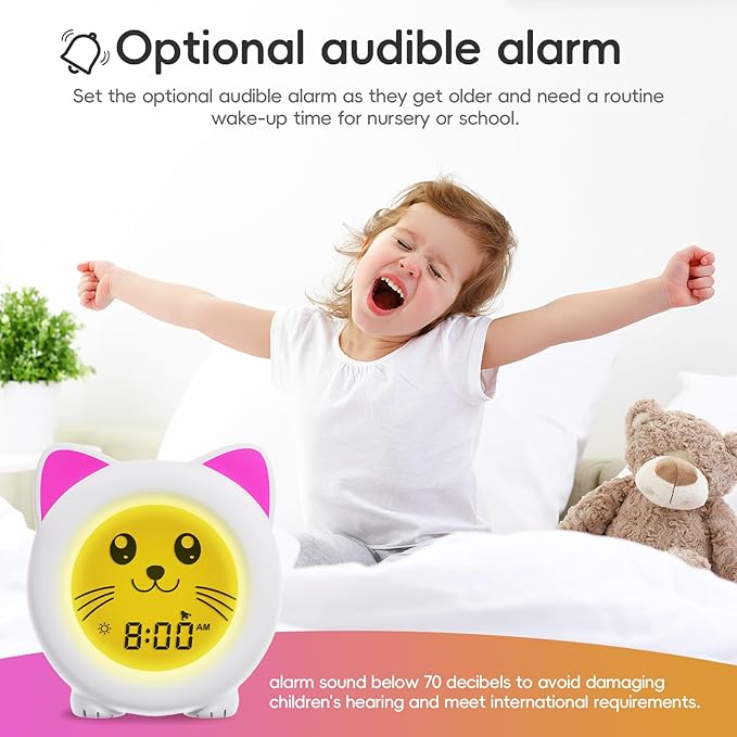 B&H Sleep Trainer Clock for Toddler - Ok to Wake Clock, USB Rechargeable Cat Kids Alarm Clock, Drop Proof, Night Light, Science-Backed Lighting for Peaceful Sleep and Ready to Rise Mornings - Kitty