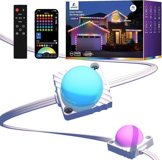 APPECK Permanent Outdoor Lights 50ft with 45 LEDs, RGB Color Changing Outdoor String Lights with 60lm Warm White, 111+ Scene Modes, APP/Voice/Remote Control, for Windows Storefront Holiday Decor