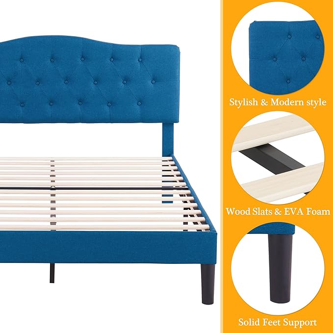 VECELO Queen Size Bed Frame Upholstered Platform with Tufted Adjustable Headboard/Mattress Foundation with Wood Slat Support, Easy Assembly,Blue