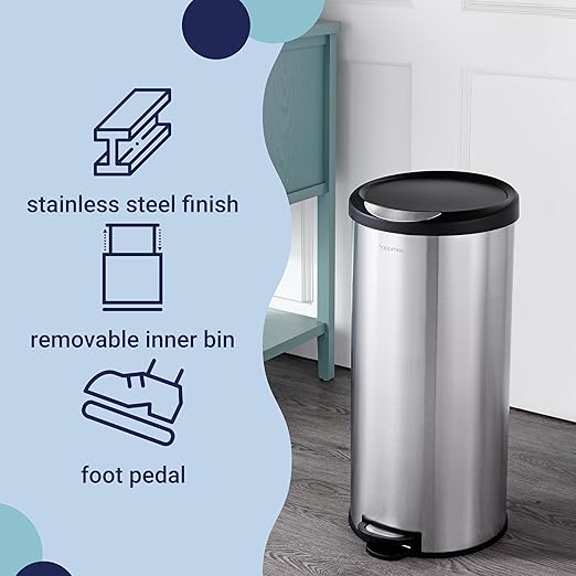 happimess HPM1001A Oscar Round 8-Gallon Step-Open Trash Can with Free Mini Trash Can, Modern, Fingerprint Proof for Home, Kitchen, Office, Large:7.9 Gallon Small:1.3 Gallon, Stainless Steel