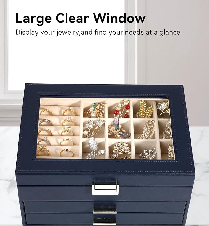 Voova Jewelry Box Organizer for Women Girls, 3 Layer PU Leather Jewelry Storage Case with Glass Lid & 2 Drawers, Large Jewellery Display Holder for Necklaces Rings Earrings Bracelets, Navy Blue