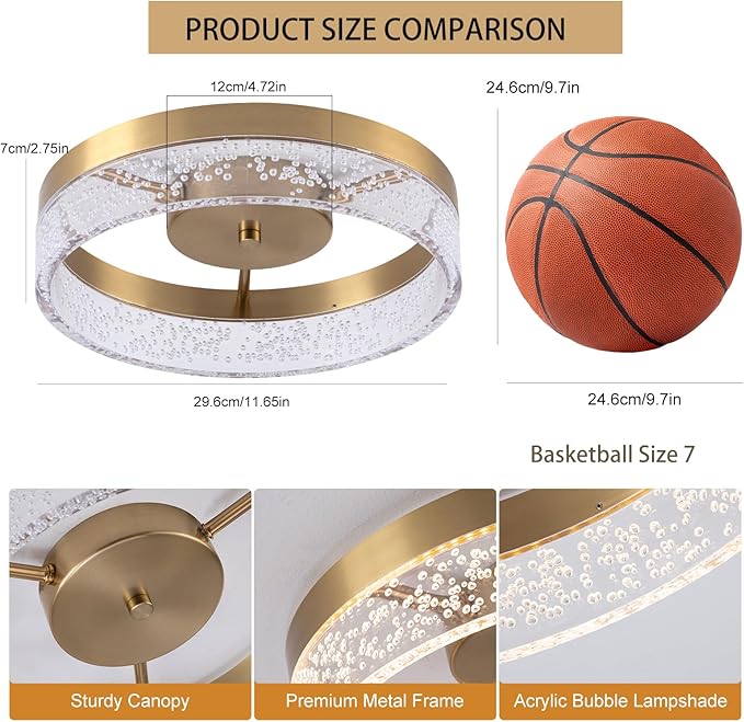 Jaycomey Modern LED Ceiling Light Fixture, 11.65" Flush Mount Kitchen Lighting Gold with Clear Seeded Acrylic Lampshade,Round Ceiling Lamp Lights for Hallway Dining Room