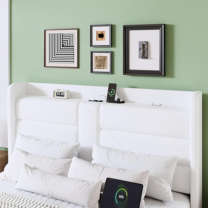 Allewie Queen Size Platform Bed Frame with Charging Station & Storage Headboard, Upholstered Velvet Wingback Design & USB Port, Strong Wooden Slats Support, No Box Spring Needed, Easy Assembly, White