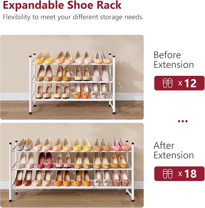 Tajsoon Expandable Shoe Rack for Closet 3 Tier, 28“-41“Adjustable & Stackable Shoe Shelf Storage, Metal Shoe Rack Organizer for Front Door Entrance, Closet, Garage, Entryway, White