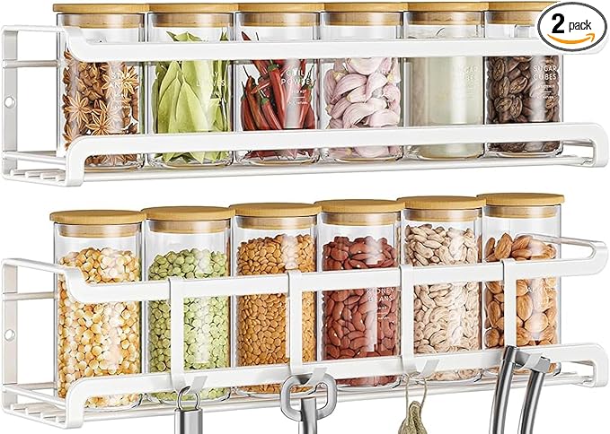 Spice Rack wall mounted 2 Pack, Space-Saving Spice Organizer for Spice Jars and Seasonings,Screw or Adhesive Hanging Spice Rack Organizer for Your Kitchen Cabinet,or Pantry Door,White