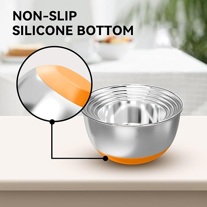 Stainless Steel Mixing Bowls with Lids – Set of 5 Large Nesting Metal Bowls for Kitchen, Baking, Cooking, Food Prep & Storage, Non-Slip Base, Dishwasher Safe,Orange