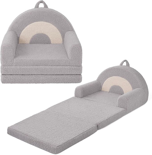 Blissful Diary Foldable Toddler Couch, 2-in-1 Comfy Toddler Chair & Lounger for Reading, Nap, Playroom, Kids Couch Sofa for 1 2 3+ Year Old Girls Boys Birthday Gift, Light Gray Arclet