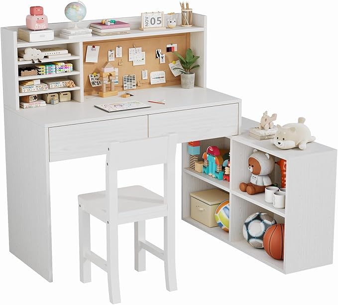 White Wooden Kids Desk and Chair Set, Kids Study Desk with Removable Large Storage Cabinet,Kid Study Table and Chair Set with 2 Drawers & 4 Cabinets,Girls Desks for Kid for Bedroom