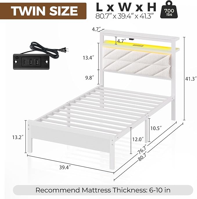 Seventable Bed Frame Twin Size with Charging Station, LED Bed with Upholstered Storage Headboard, Metal Platform Bed with Under Bed Storage, No Box Spring Needed, Noise Free, Easy Assembly, White