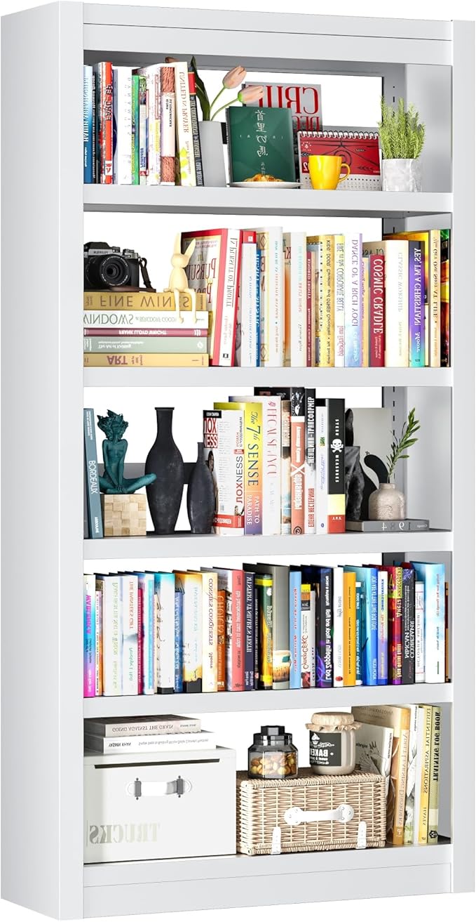 69" Metal Bookshelf and Bookcase | 5-Tier Adjustable Shelves, Deep Modern Storage Shelf for Living Room, Office, Bedroom (White)