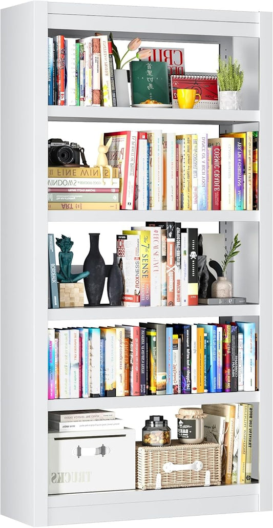 69" Metal Bookshelf and Bookcase | 5-Tier Adjustable Shelves, Deep Modern Storage Shelf for Living Room, Office, Bedroom (White)