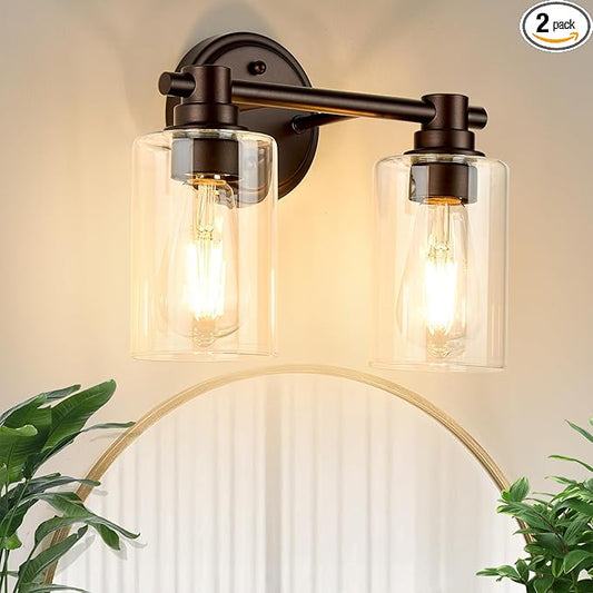Bathroom Light Fixtures Wall Sconce Light with Clear Glass Oil Rubbed Bronze 2 Lights Bathroom Lighting Over Mirror Vanity Lights for Living Room,Bedroom,Restroom,Hallway E26 Base