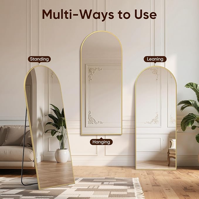 Arched Full Length Mirror 64"x21", Gold Tempered Glass Wall Hanging Mounted Body Length Mirrors with Stand, Large Floor Aluminum Alloy Thin Frame