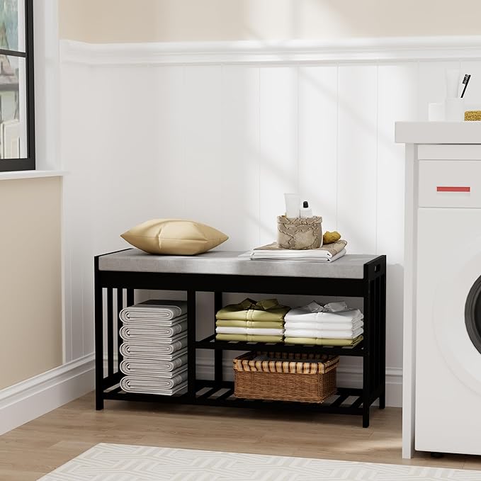 3-Tier Bamboo Shoe Rack Bench, Shoe Storage Organizer Bench, Entryway Benchs, Shoes Rack for Front Door Entrance, Entryway Bathroom Bedroom