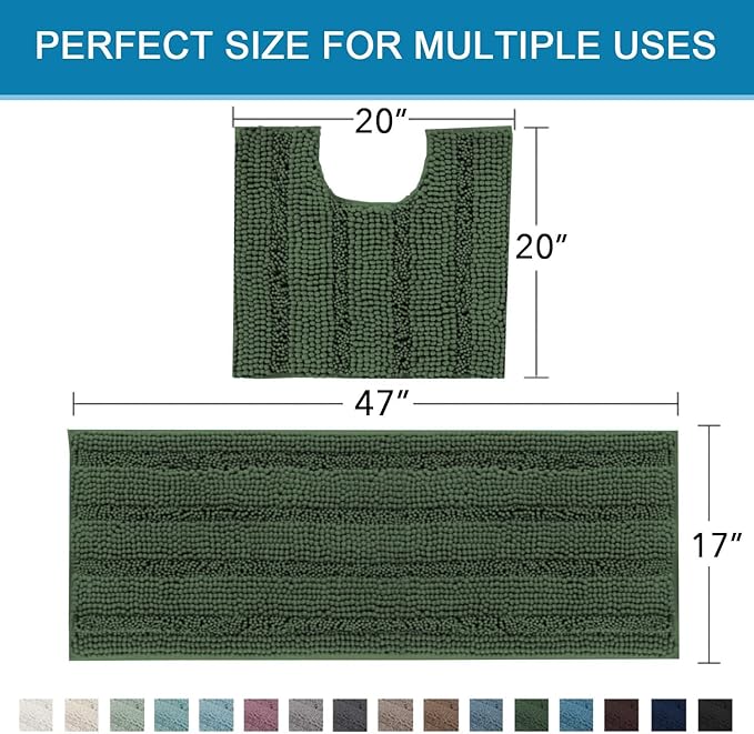 H.VERSAILTEX Bathroom Rugs Bath Rug Set 2 Piece Bathroom Contour Rug Toilet Mat Sets Non Slip Contour Bath Rug Ultra Thick Water Absorbent Striped Bath Mats(47" x 17" Plus 20" x 20" U, Bronze Green)