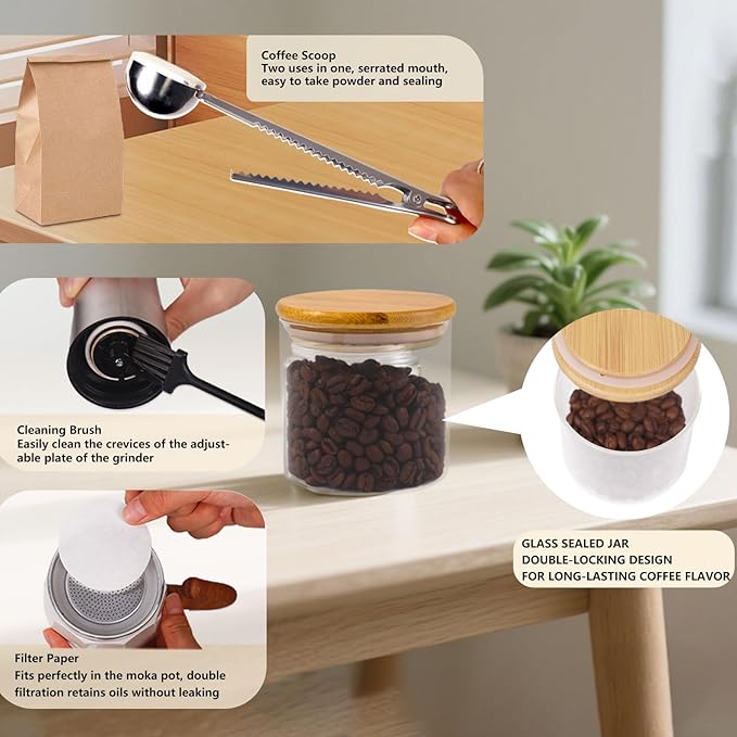 7-in-1 Aluminum Moka Pot Set with Electric Stove Hand Grinder Moka Dispenser Classic Stovetop Espresso Coffee Maker 150ml 5oz Mocha Express Portable Camping Travel Cafe Makers 3 Cup