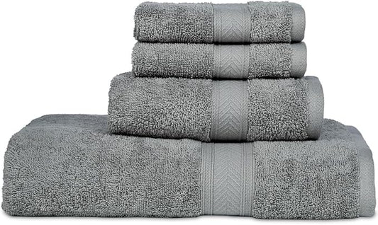 Casa Lino 100% Cotton Bath Towels Set of 4 (1 Bath Towel, 1 Hand Towel & 2 Wash Cloths) - Bathroom Towels and Washcloths Set - Complete Bathroom Set - Guest Room Essentials - (Silver Grey)