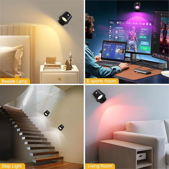Infrared Sensor Wall Sconces, RGB Wall Mounted Lamp Rechargeable Battery Operated, 6 Brightness & 11 Light Modes LED Wall Lights 360° Rotation Magnetic Wireless Light for Bedroom Living Room