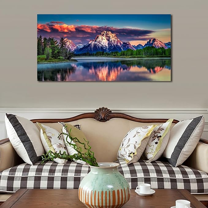 Sunset Landscape Canvas Wall Art for Living Room Grand Teton Wyoming National Park Picture Wall Decor Snake River Mountain Forest Nautre Prints Artwork Bedroom Bathroom Office Home Decor 29" X 58"