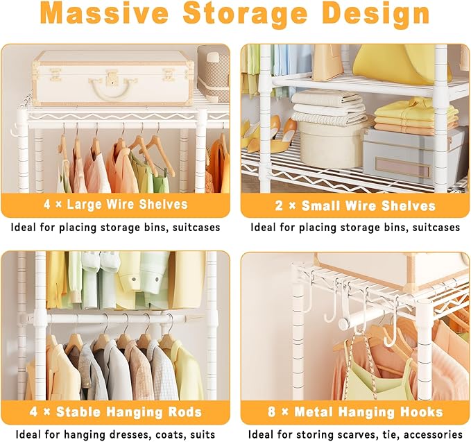 H41 Garment Rack Heavy Duty Clothes Rack, Clothing Racks for Hanging Clothes, Extra Large Freestanding Portable Closet Wardrobe Rack 78.5'' W × 15.8'' D × 76.4'' H, Max Load 1150 Lbs, White