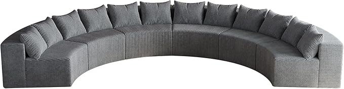 KEIKI 6 Seater Corduroy Curved Sectional Sofa, Symmetrical Modular Semi Circular Couch, Deep Seat Tufted Corner Sofa for Living Room, Lobby, Gray