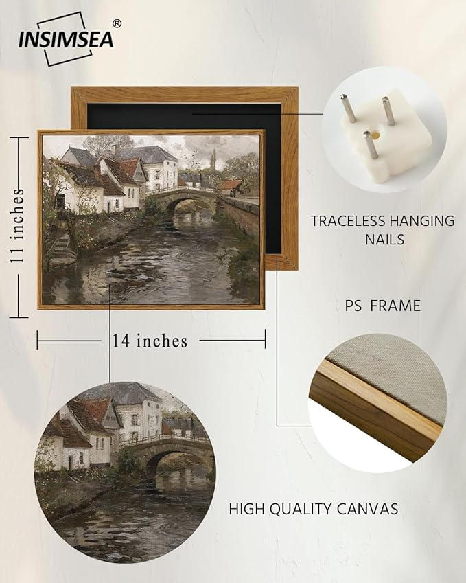 InSimSea Framed Canvas Wall Art Vintage Decor, Landscape Wall Art Prints, Riverside Small Town Canvas Prints, Rustic Farmhouse Wall Decor for Bedroom Living Room, Retro Room Decor, 11"x14"