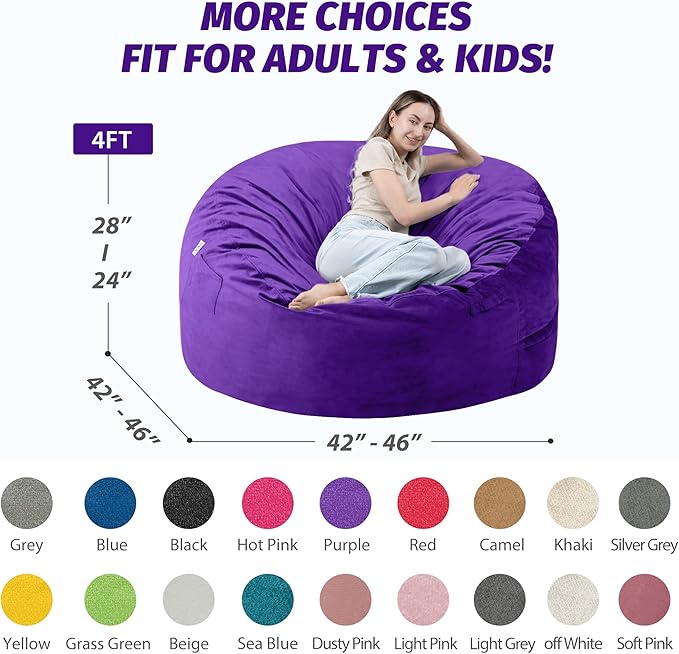 4FT Bean Bag Chair with Ultra Soft Velvet Cover Bean Bag Sofa with Memory Foam Bean Bag Chairs with Large Size Lazy Sofa for Dorm Office Living Room Bedroom Purple 4'