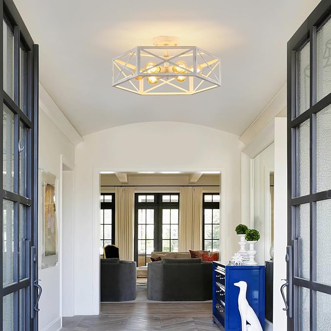 White Flush Mount Ceiling Light, 6 Light Flush Mount Light Fixture, Modern Close to Ceiling Light with Metal Hexagon Cage, Farmhouse Light Fixture for Hallway, Kitchen, Bedroom