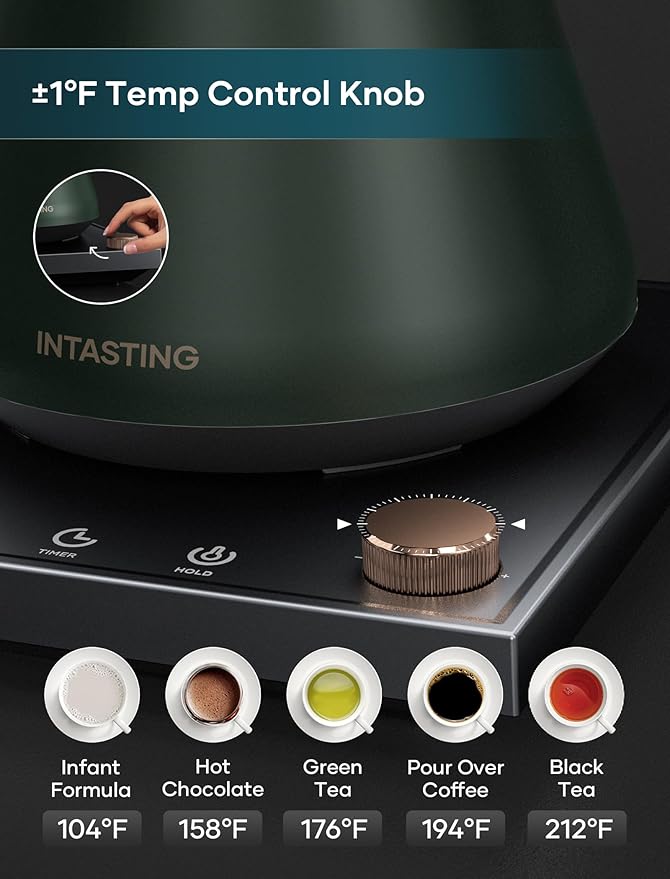 Electric Kettle, Gooseneck Electric Kettle, ±1℉ Precise Temperature Control, Stainless Steel Interior, Quick Heating for Pour Over Coffee, Tea & Boiling Water, 0.9L (Forest Green)