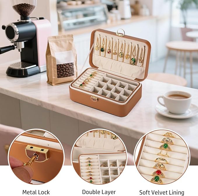 Travel Jewelry Case With Lock, 2-Layer PU Leather Jewelry Box for Women, Ring Box and Jewelry Organizer, Large Jewelry Travel Case,Best Gifts for Women for the Holidays(Brown)