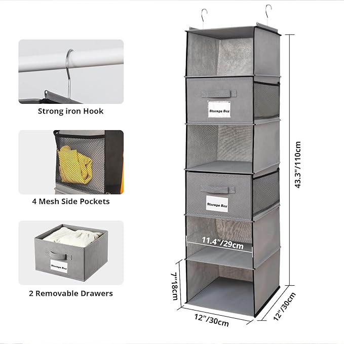 2 Pack 6 Shelves Hanging Closet Organizer with 2 Drawer, Hanging Storage with 4 Side Pockets for Clothes Shoes, 43.5"x12"x12"(Gray)