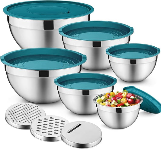 P&P CHEF Mixing Bowls with Lids Set of 6, Stainless Steel Nesting Salad Bowl & 3 Grater Attachments for Prepping Storing, 4.6/2.6/2/1.5/1/0.7 QT, Blue