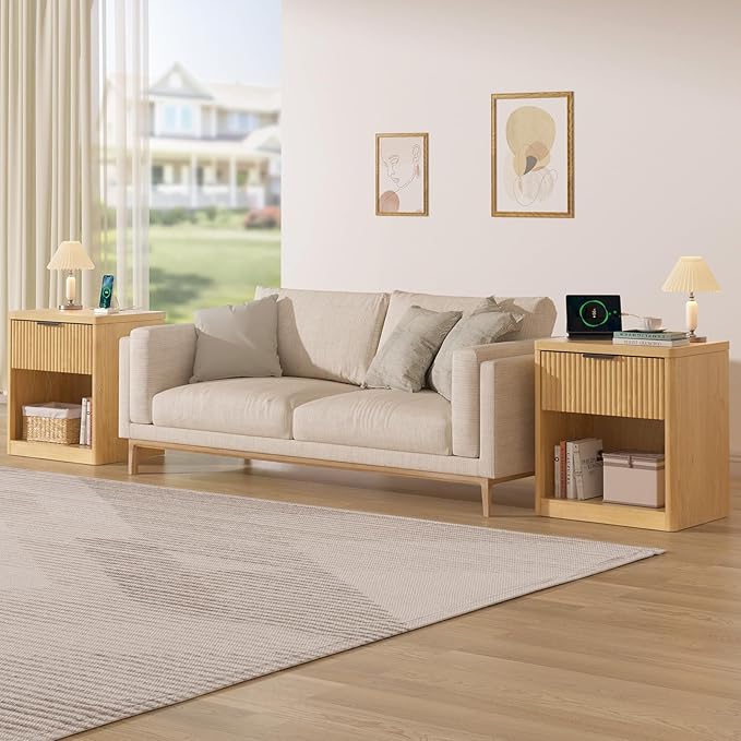 HOMMPA 22'' Fluted Nightstand with Charging Station, Modern Bedside Table w/Storage, End Table w/Drawer & Open Compartment, Wooden Bedside End Table for Bedroom, Living Room, Curved Profile Design