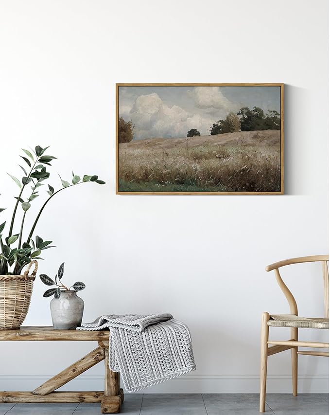 InSimSea Framed Canvas Wall Art Vintage Decor, Farmhouse Scenery Vast Field Grassland Paintings, Large Prints, Nature Landscape Wall Decoration for Living Room Bedroom Bathroom Home Decor, 16"x24"