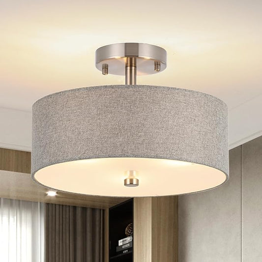 3-Light Semi Flush Mount Ceiling Light Fixture, 13" Modern Drum Light with Grey Fabric Shade, Close to Ceiling Lighting Hanging Lamps for Bedroom Living Room Dining Room Kitchen Hallway