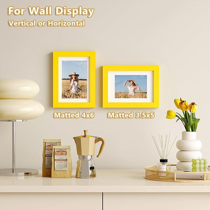 KINLINK 5x7 Picture Frame Yellow, Solid Wood Frames with Acrylic Plexiglass for 3.5x5/4x6 with Mat or 5x7 without Mat, Tabletop and Wall Display Photo Frame, Set of 4