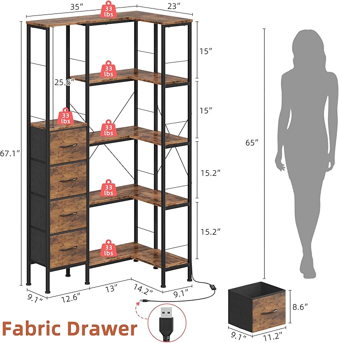 Corner Bookshelf with LED Light Strips & 4 Fabric Drawers, 5-Tier Convertible Corner Shelf with Display Shelf, Large Wood Industrial Bookcase for Living Room, Bedroom, Home Office, Rustic Brown