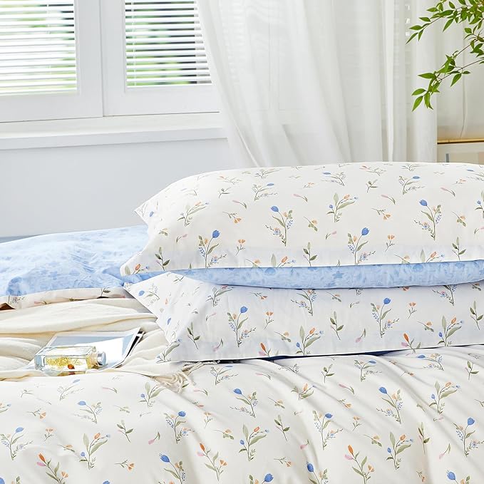 SAPHREAS Blue Floral Full Size Duvet Cover Set 3pcs Botanical Flower White Bedding Comforter Cover Set 100% Cotton 1 Duvet Cover 90"x80" 2 Pillow Shams, Comforter Not Included