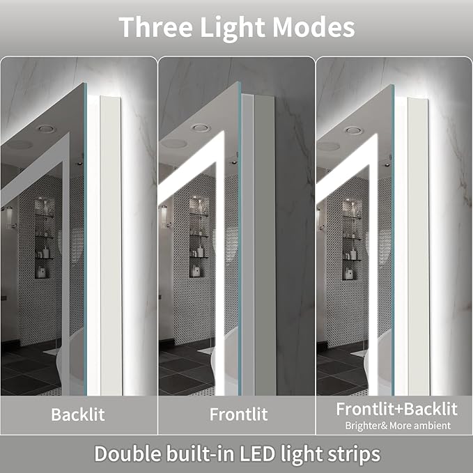 LED Mirror for Bathroom, 24x36 Inch Backlit + Front Lighted Bathroom Vanity Mirror with Lights for Wall, Double Light Strips, 3 Colors, Shatter-Proof, Anti-Fog and Brightness Memory