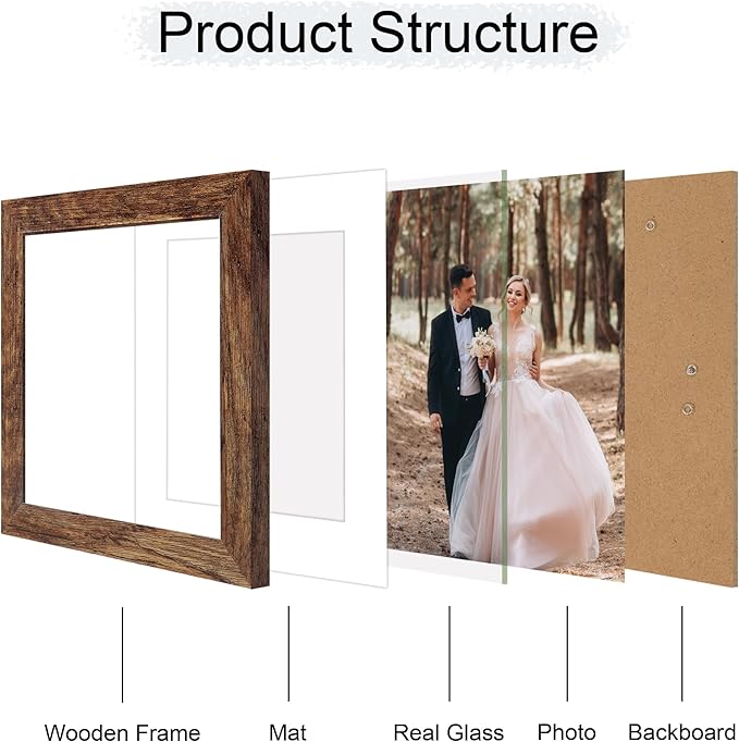 8x8 Picture Frame Set of 4 with HD Glass, Display 6x6 Pictures with Mat or 8 x 8 Without Mat, Rustic Wood Photo Frame for Wall Mount and Tabletop Display