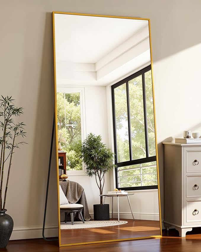 Suidia Full Length Mirror, 71"x28" Floor Standing Mirror Freestanding, Full Body Mirrors with Stand for Bedroom, Hanging Mounted for Living Room Cloakroom, Gold, Rectangular Style