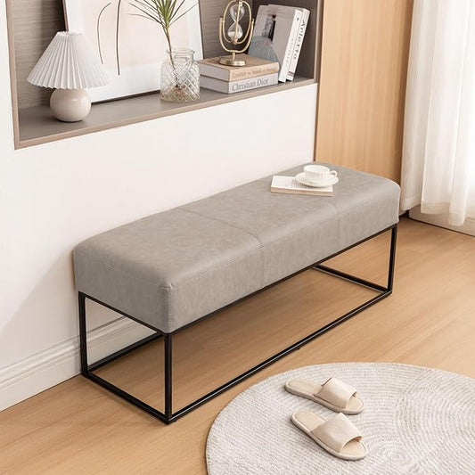Entryway Bench for Bedroom End of Bed, Modern Ottoman with Faux Leather Upholstered Seating, Metal Frame Leather Bench for Bedroom Living Room Entryway [47'', Vintage Beige]