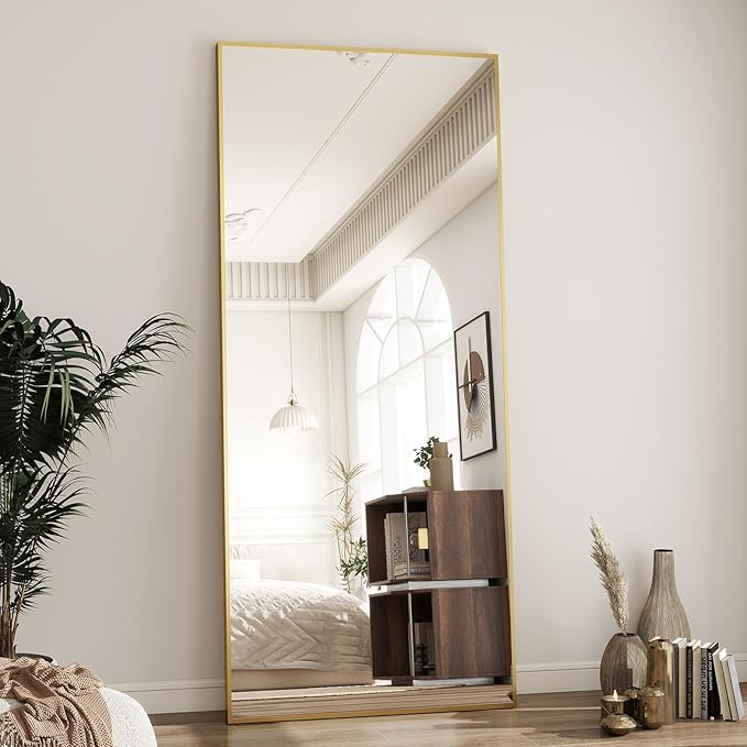 BEAUTYPEAK Full Length Mirror with Stand, 65"x24" Floor Mirror with Aluminum Alloy Thin Frame, ShatterVue Tempered Full Body Mirrors, Free Standing or Wall-Mounted Mirrors for Living Room, Gold