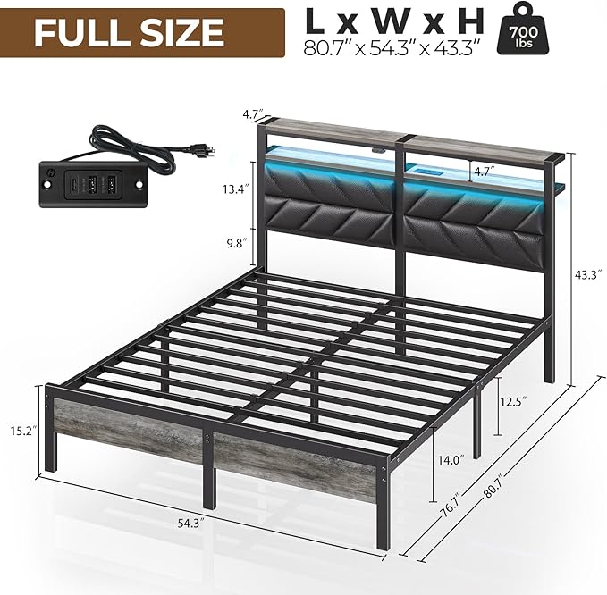 Seventable Bed Frame Full Size with Charging Station, LED Bed with Upholstered Storage Headboard, Metal Platform Bed with Under Bed Storage, No Box Spring Needed, Noise Free, Easy Assembly, Black
